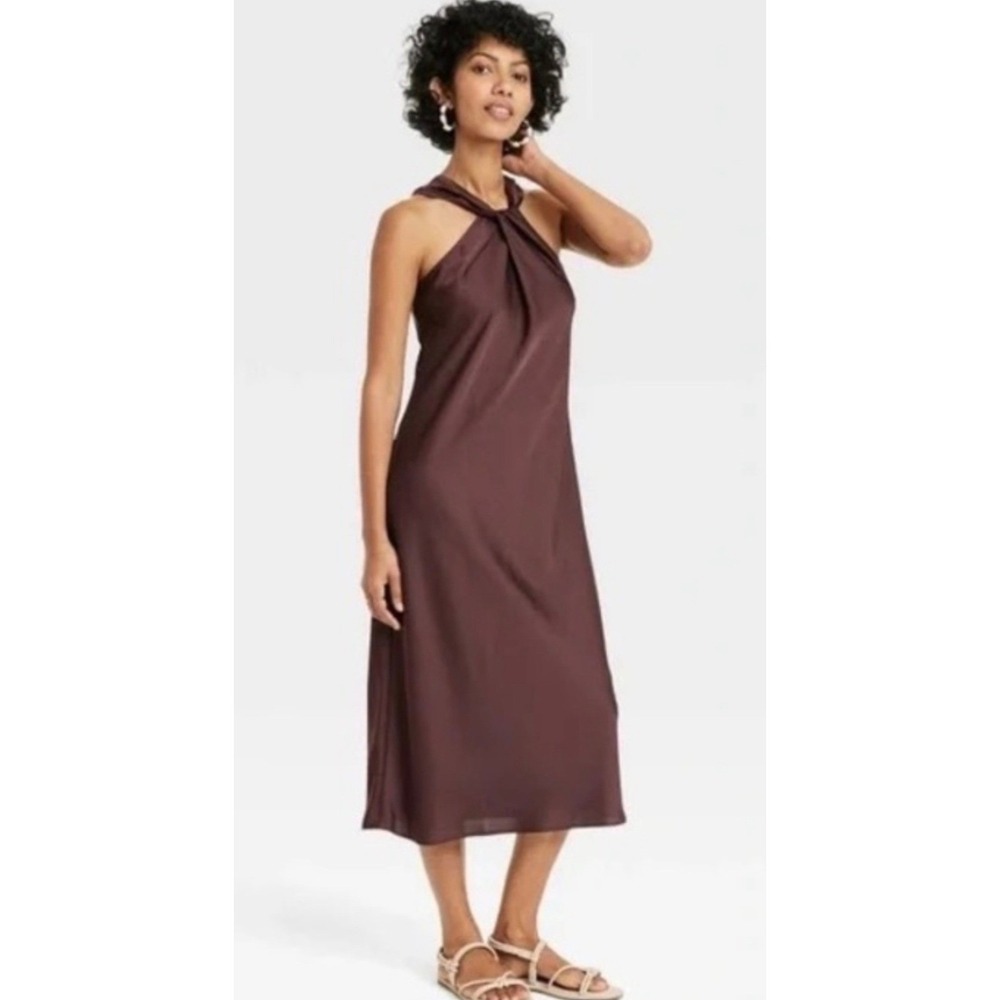 A New Day Brown Satin Twist Halter Midi Dress Womens Sleeveless Cocktail Brown